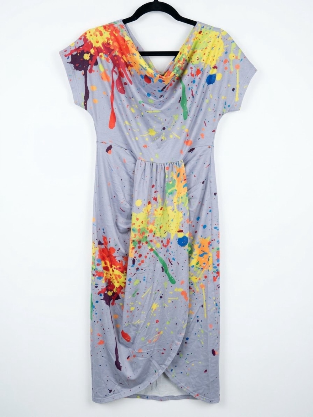 SHEIN Gray Midi Dress with Multicolor Paint-Splash Print